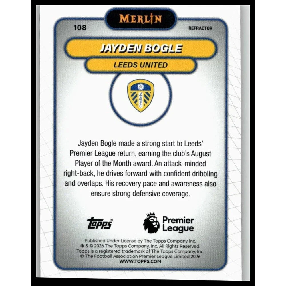 2026 Merlin Premier League Jayden Bogle #108 Leeds United Refractor